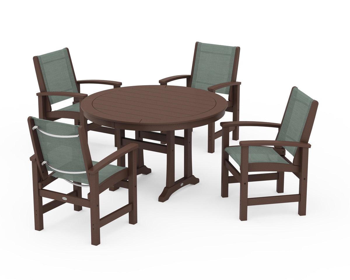 POLYWOOD Coastal 5-Piece Round Dining Set with Trestle Legs in Mahogany / Dupioni Sea Mist