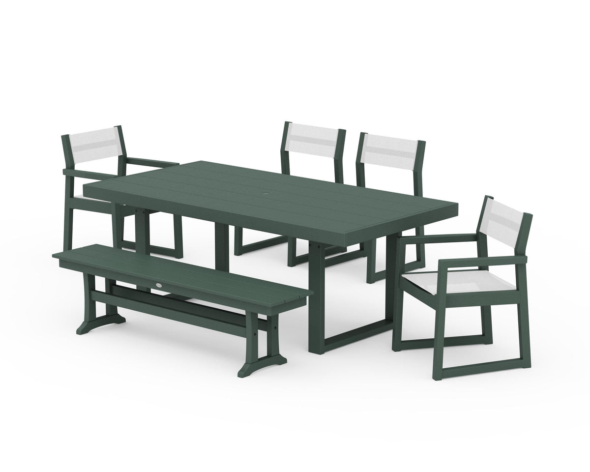 POLYWOOD EDGE Sling 6-Piece Dining Set with Bench in Green / White