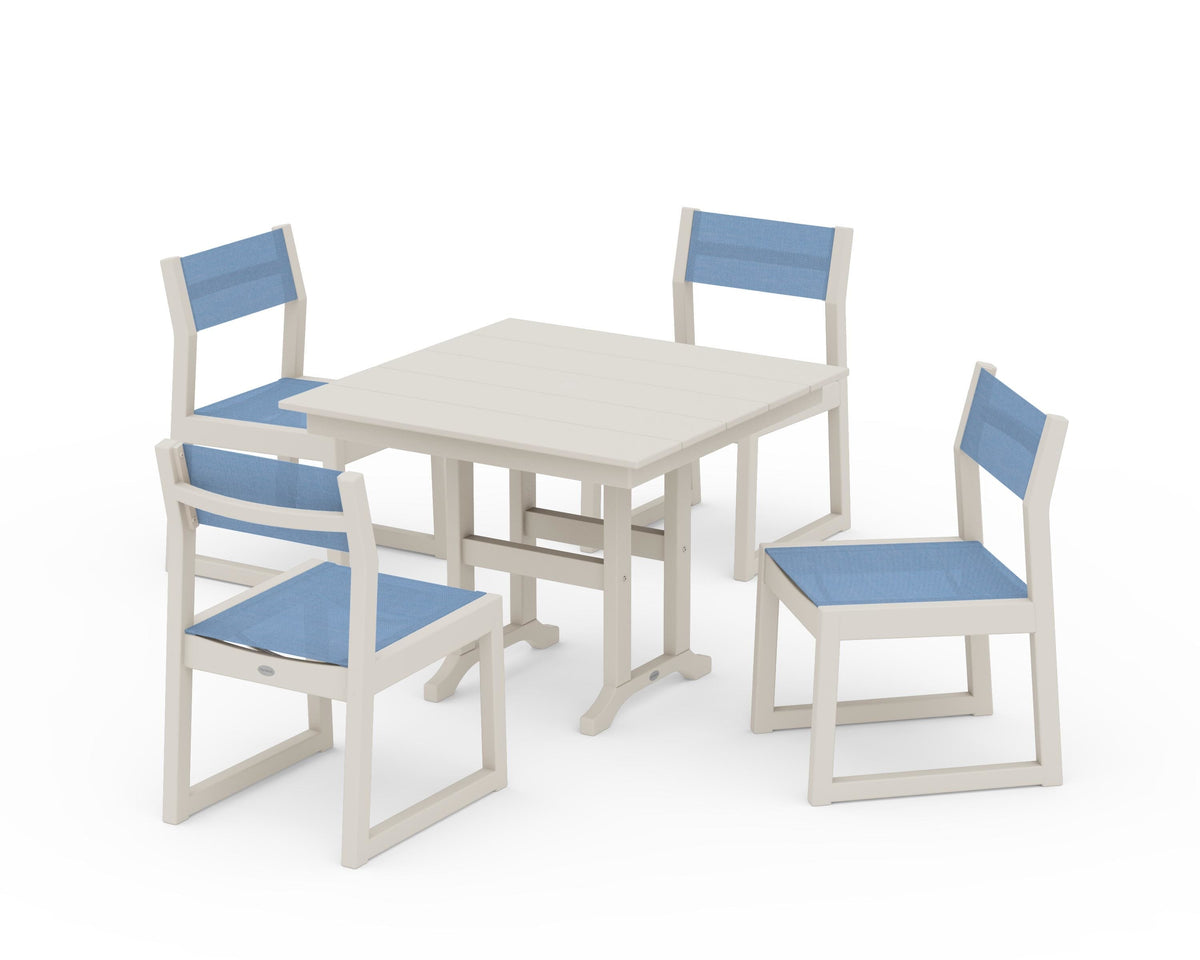 POLYWOOD EDGE Sling Side Chair 5-Piece Farmhouse Dining Set in Sand / Poolside