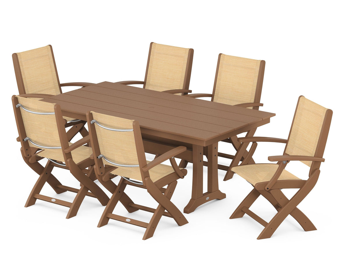 POLYWOOD Coastal Folding Arm Chair 7-Piece Farmhouse Dining Set with Trestle Legs in Teak / Dupioni Apricot