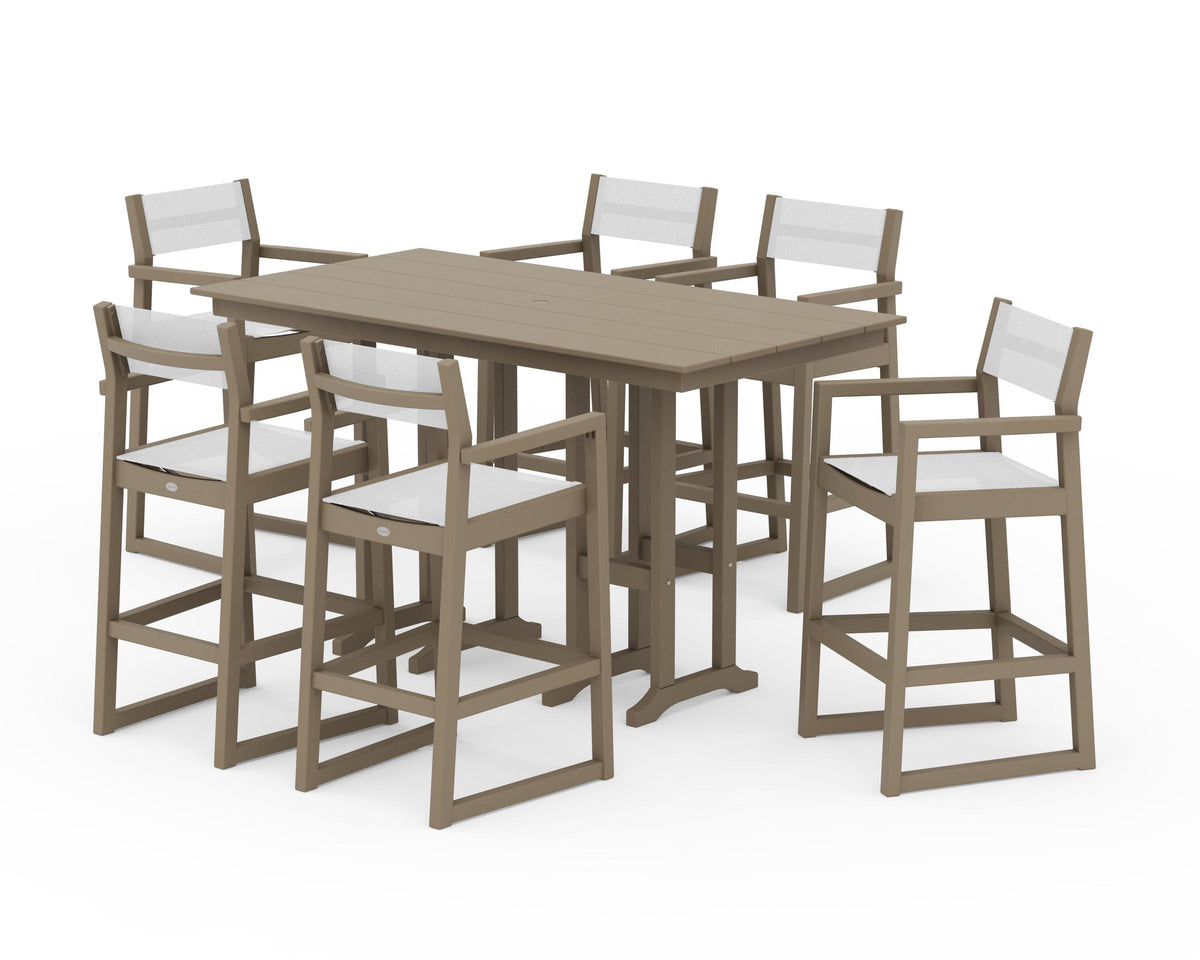 POLYWOOD EDGE Sling Arm Chair 7-Piece Farmhouse Bar Set in Vintage Sahara / White