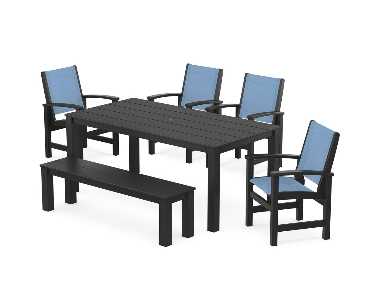 POLYWOOD Coastal 6-Piece Parsons Dining Set with Bench in Black / Poolside
