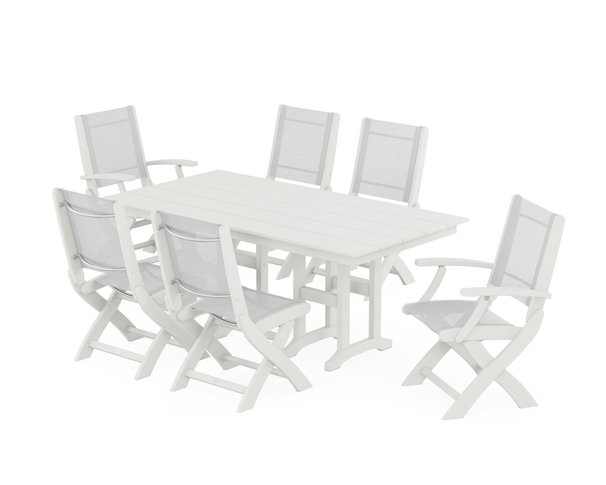 POLYWOOD Coastal Folding Chair 7-Piece Farmhouse Dining Set in Vintage White / White