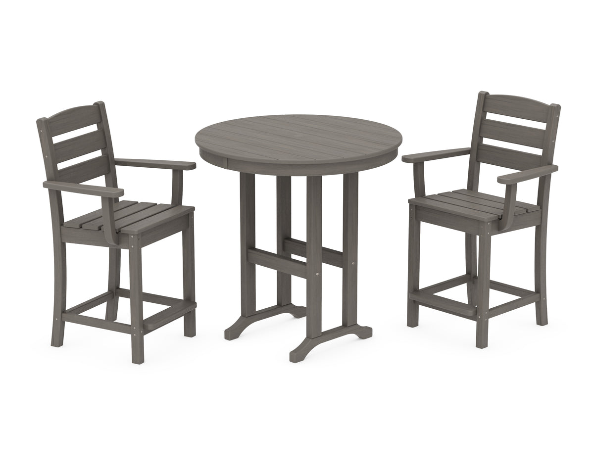 POLYWOOD Lakeside 3-Piece Round Farmhouse Arm Chair Counter Set in Driftwood