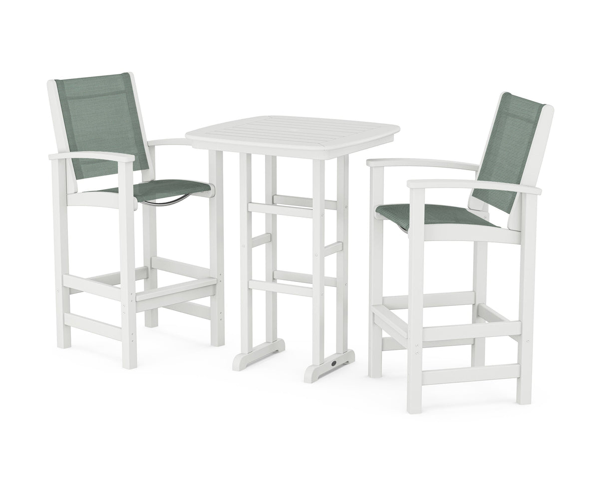 POLYWOOD Coastal 3-Piece Bar Set in White / Dupioni Sea Mist