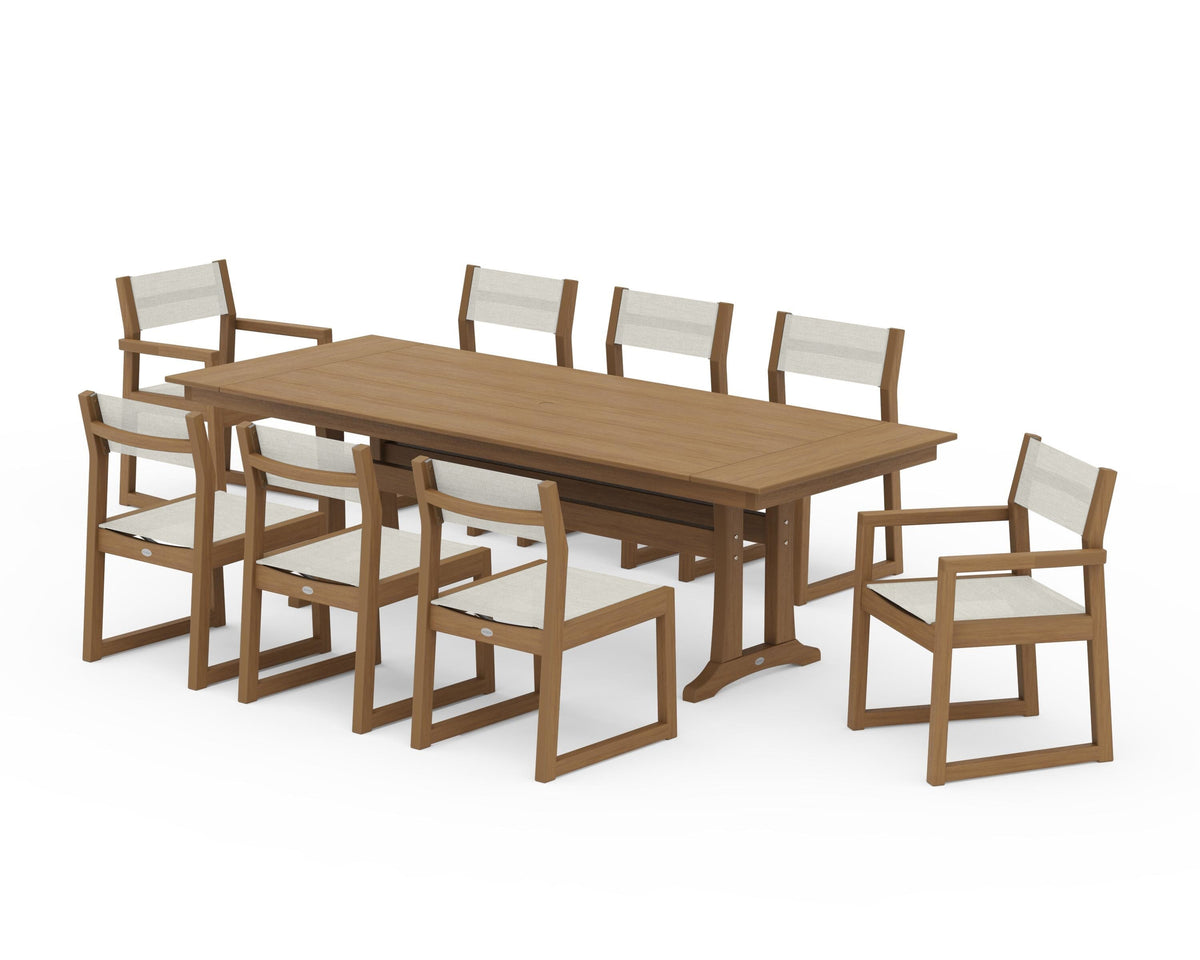 POLYWOOD EDGE Sling 9-Piece Farmhouse Trestle Dining Set in Natural / Parchment