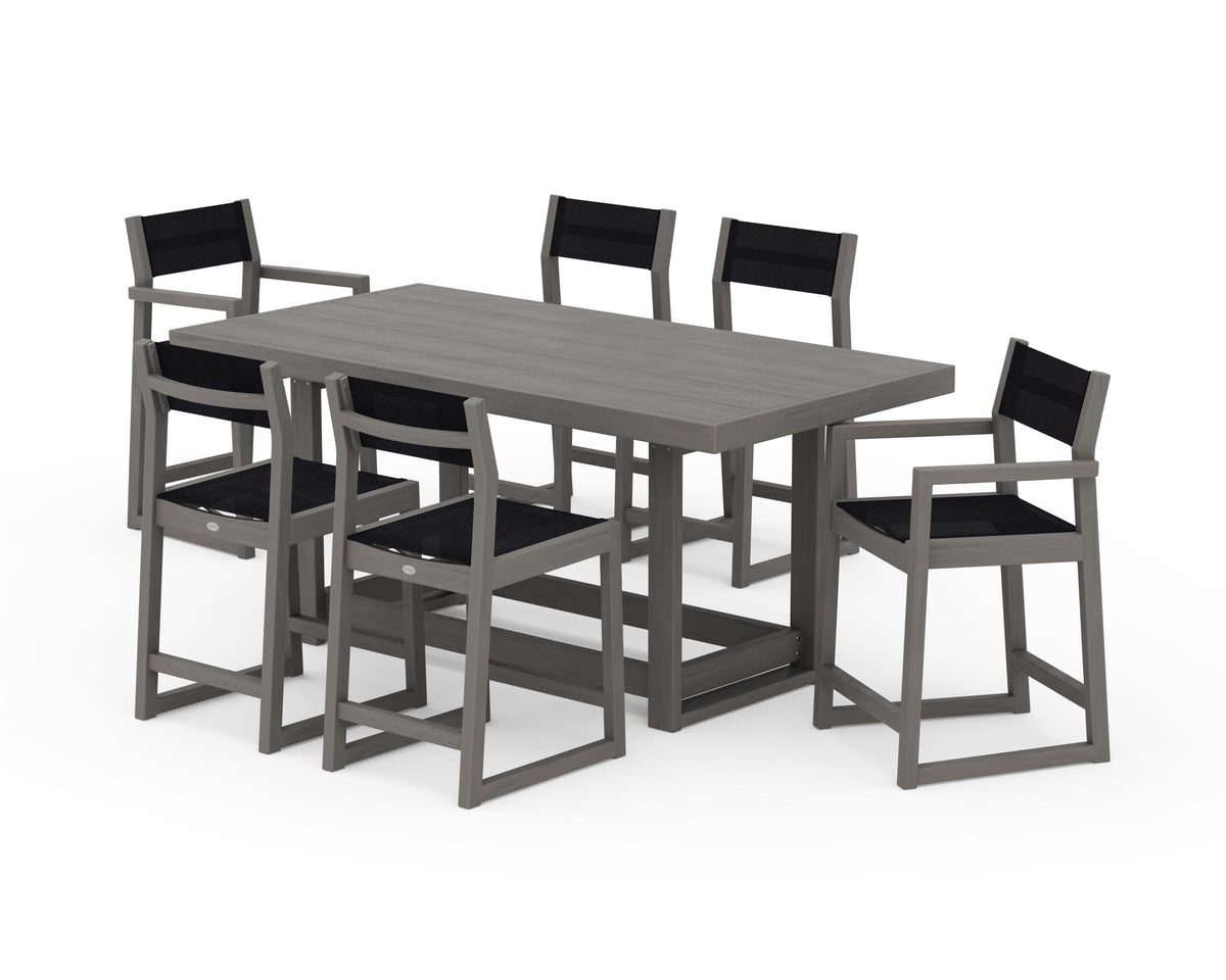 POLYWOOD EDGE Sling 7-Piece Counter Table Set in Driftwood / Black