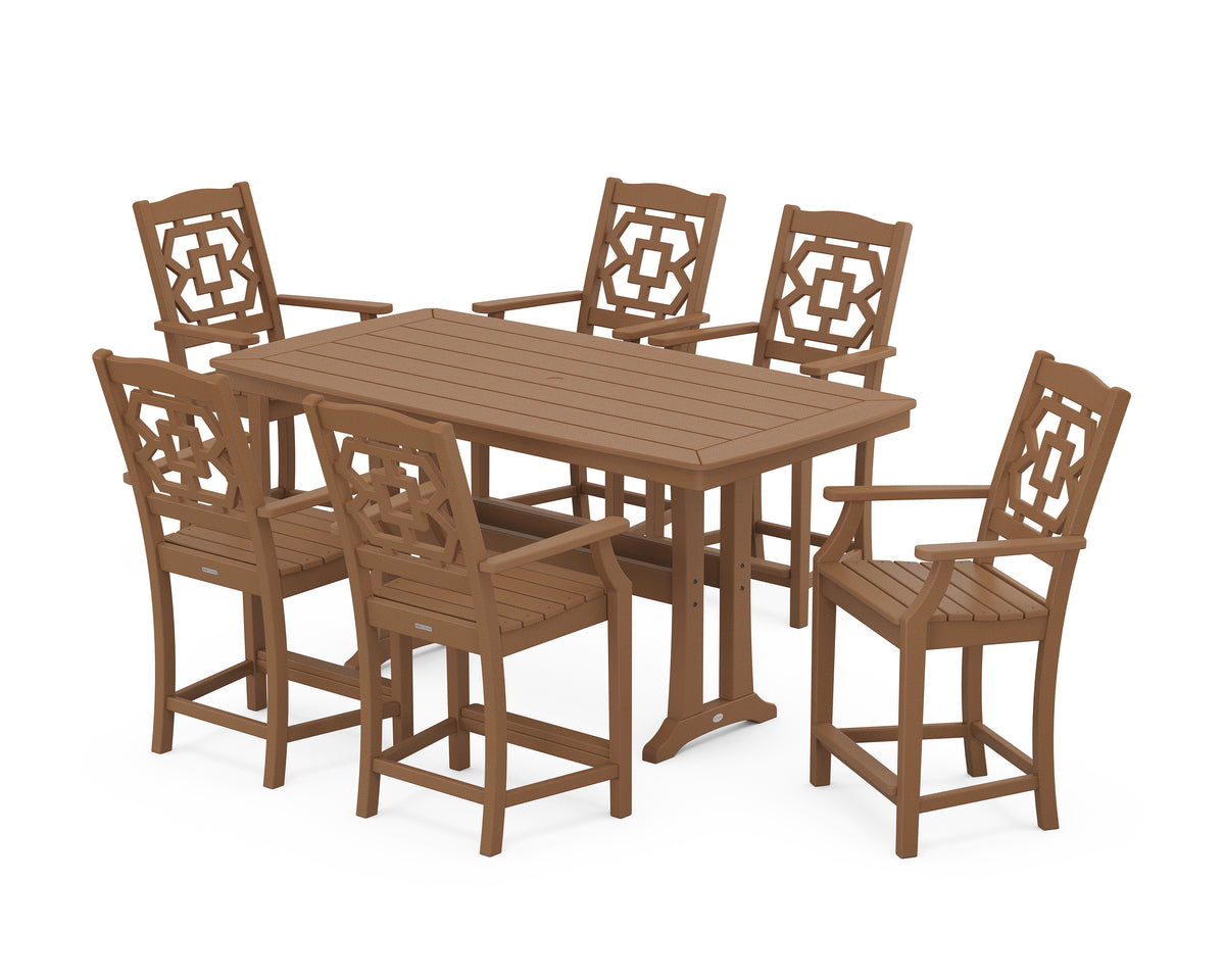 POLYWOOD Chinoiserie Arm Chair 7-Piece Counter Set with Trestle Legs in Teak