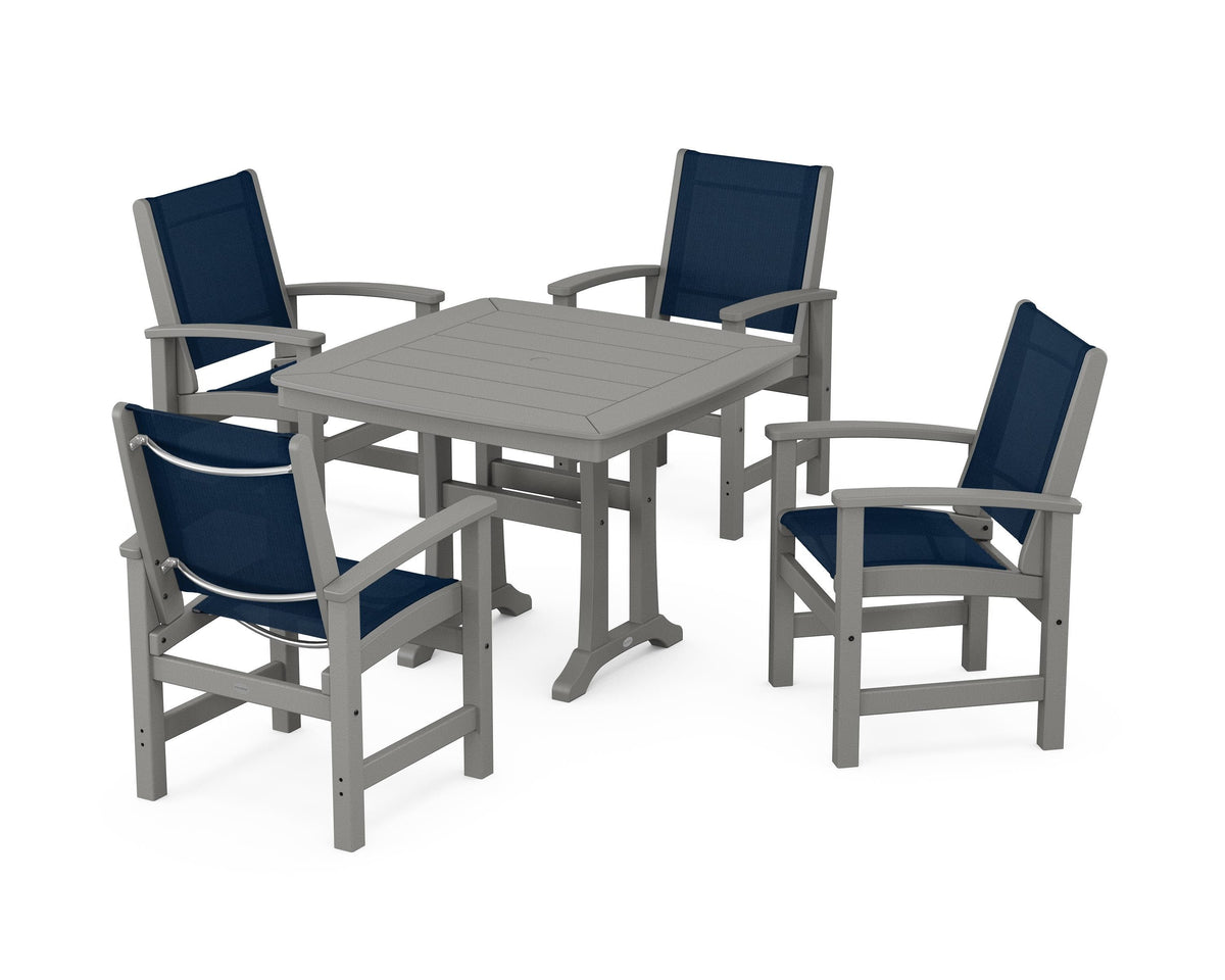 POLYWOOD Coastal 5-Piece Dining Set with Trestle Legs with Nautical Trestle 37" Dining Table in Slate Grey / Navy Blue
