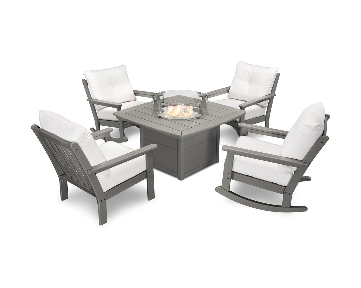 POLYWOOD Vineyard 5-Piece Deep Seating Rocking Chair Conversation Set with Fire Pit Table in Slate Grey / Natural