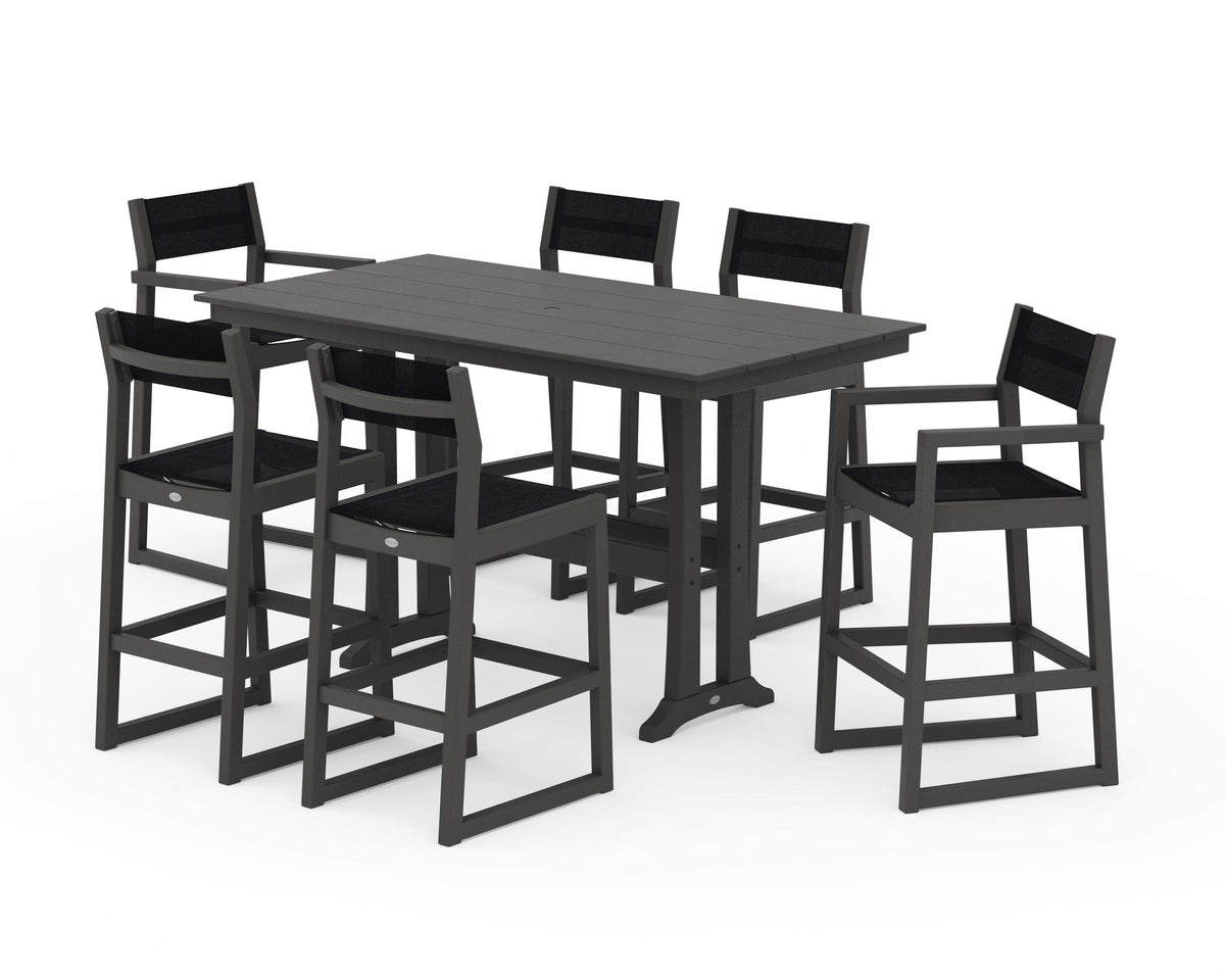 POLYWOOD EDGE Sling 7-Piece Farmhouse Bar Set with Trestle Legs in Vintage Coffee / Black