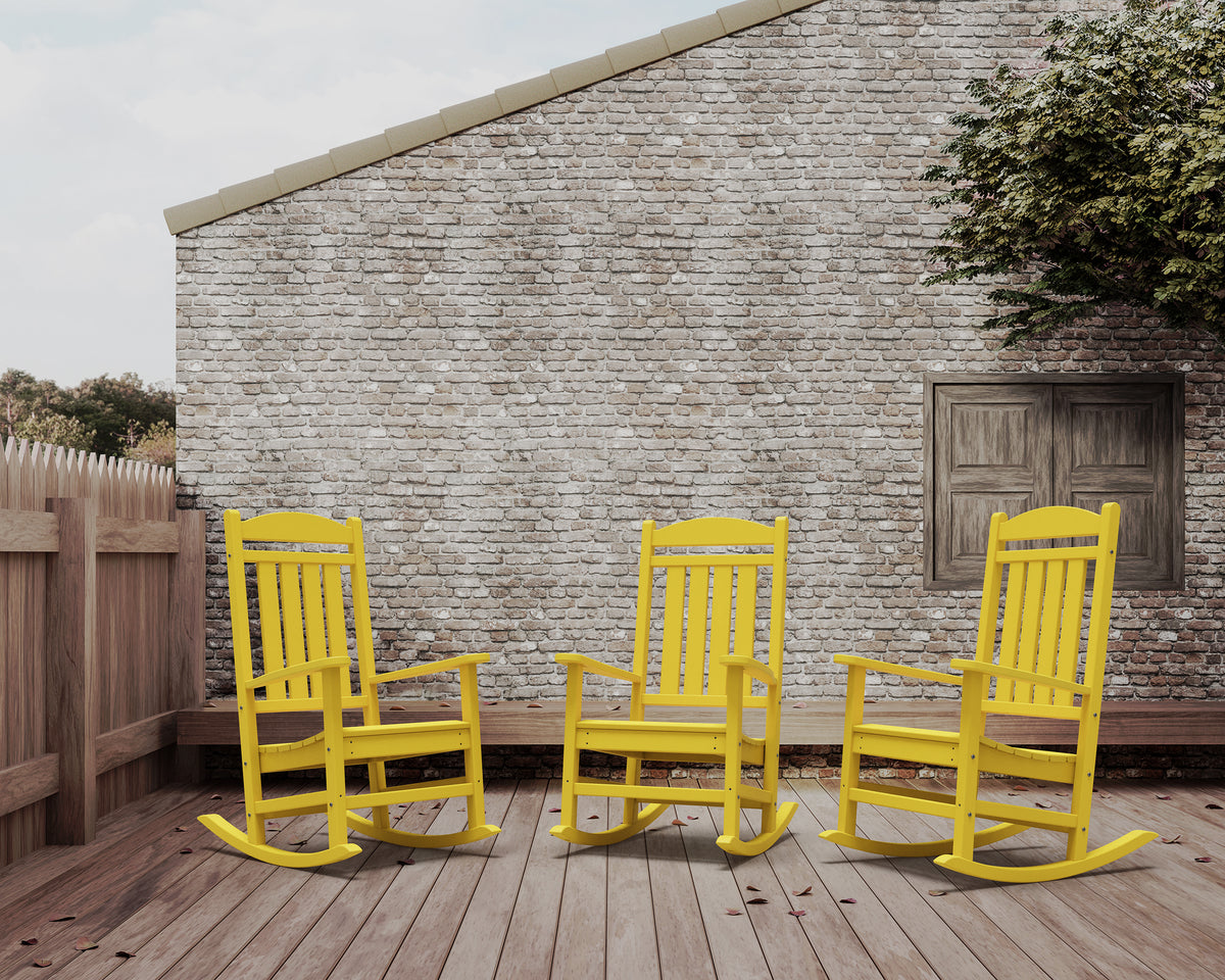 Lifestyle photo of the POLYWOOD Presidential Rocking Chair in Lemon