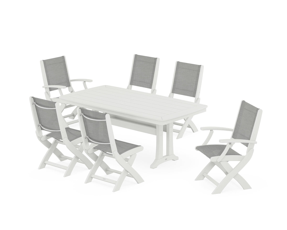 POLYWOOD Coastal Folding Chair 7-Piece Dining Set with Trestle Legs with Nautical Trestle 38" x 73" Dining Table in Vintage White / Metallic