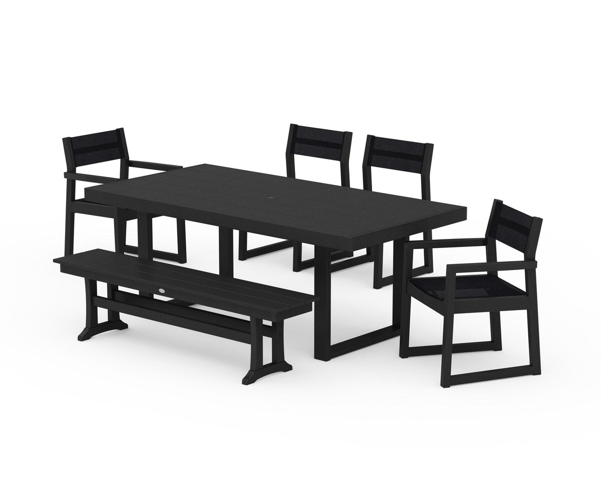 POLYWOOD EDGE Sling 6-Piece Dining Set with Bench in Black / Black