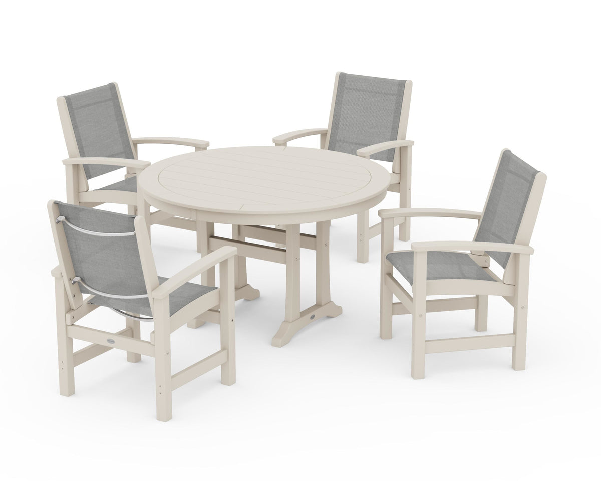 POLYWOOD Coastal 5-Piece Round Dining Set with Trestle Legs in Sand / Metallic