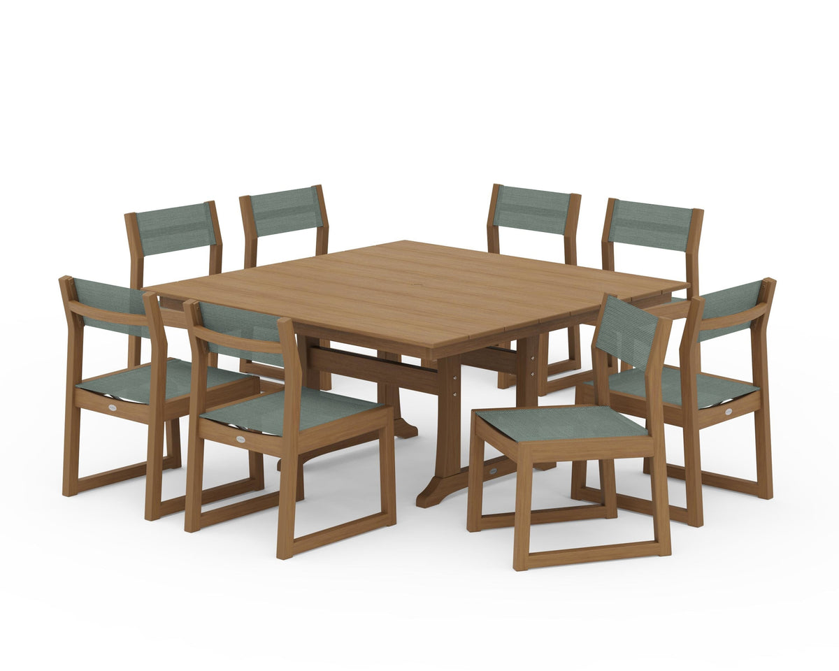 POLYWOOD EDGE Sling Side Chair 9-Piece Farmhouse Trestle Dining Set in Natural / Dupioni Sea Mist