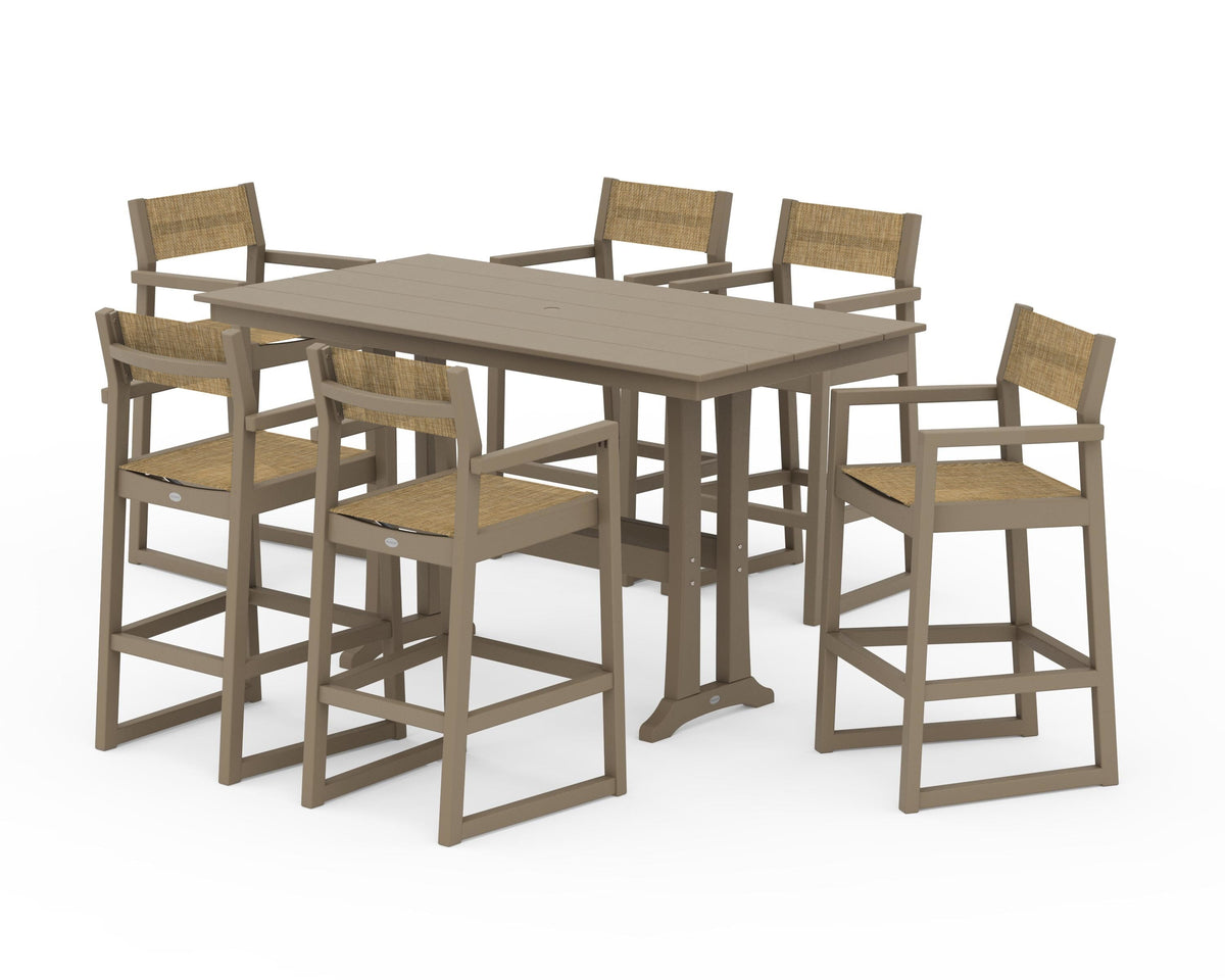 POLYWOOD EDGE Sling Arm Chair 7-Piece Farmhouse Bar Set with Trestle Legs in Vintage Sahara / Burlap