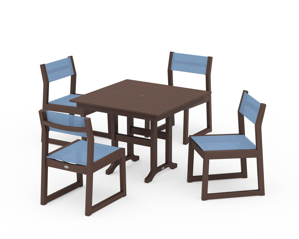 POLYWOOD EDGE Sling Side Chair 5-Piece Farmhouse Dining Set in Mahogany / Poolside