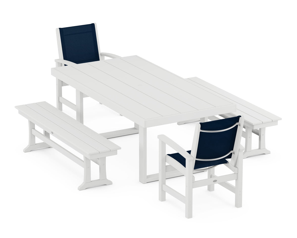 POLYWOOD Coastal 5-Piece Dining Set with Trestle Legs with EDGE 40" x 78" Dining Table in White / Navy Blue