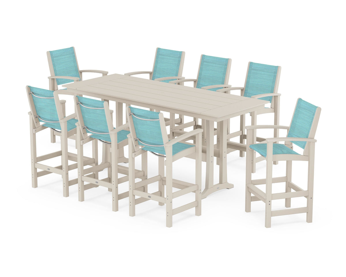 POLYWOOD Coastal 9-Piece Farmhouse Bar Set with Trestle Legs in Sand / Dupioni Aquamarine
