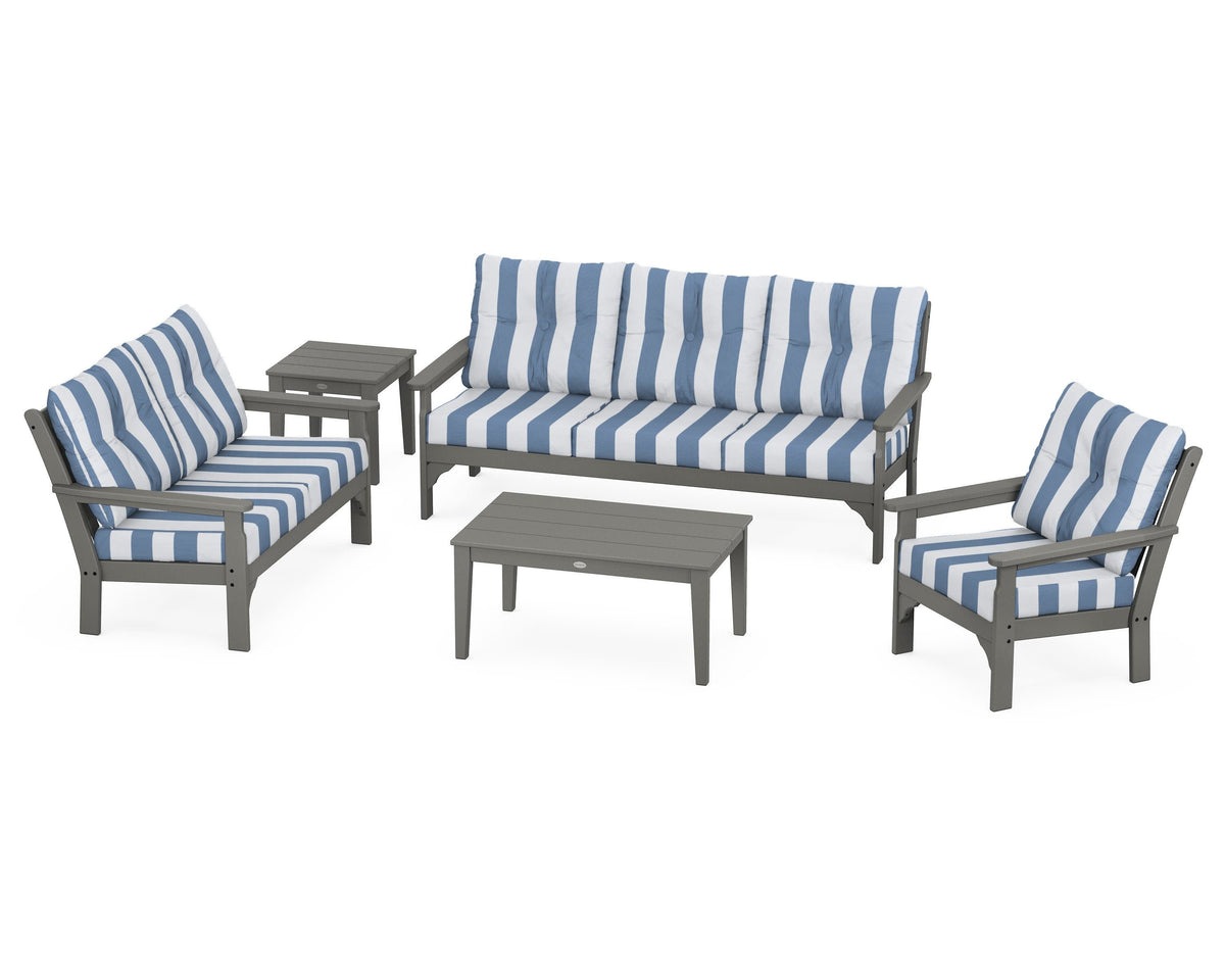 POLYWOOD Vineyard 5-Piece Deep Seating Set with Sofa in Slate Grey / Cabana Stripe Sky Blue