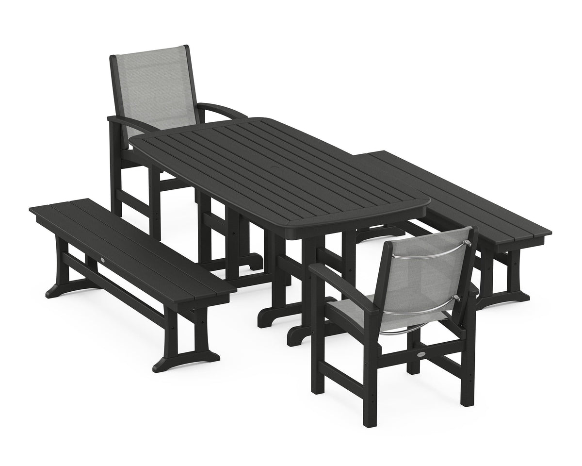 POLYWOOD Coastal 5-Piece Dining Set with Nautical 37" x 72" Dining Table in Black / Metallic