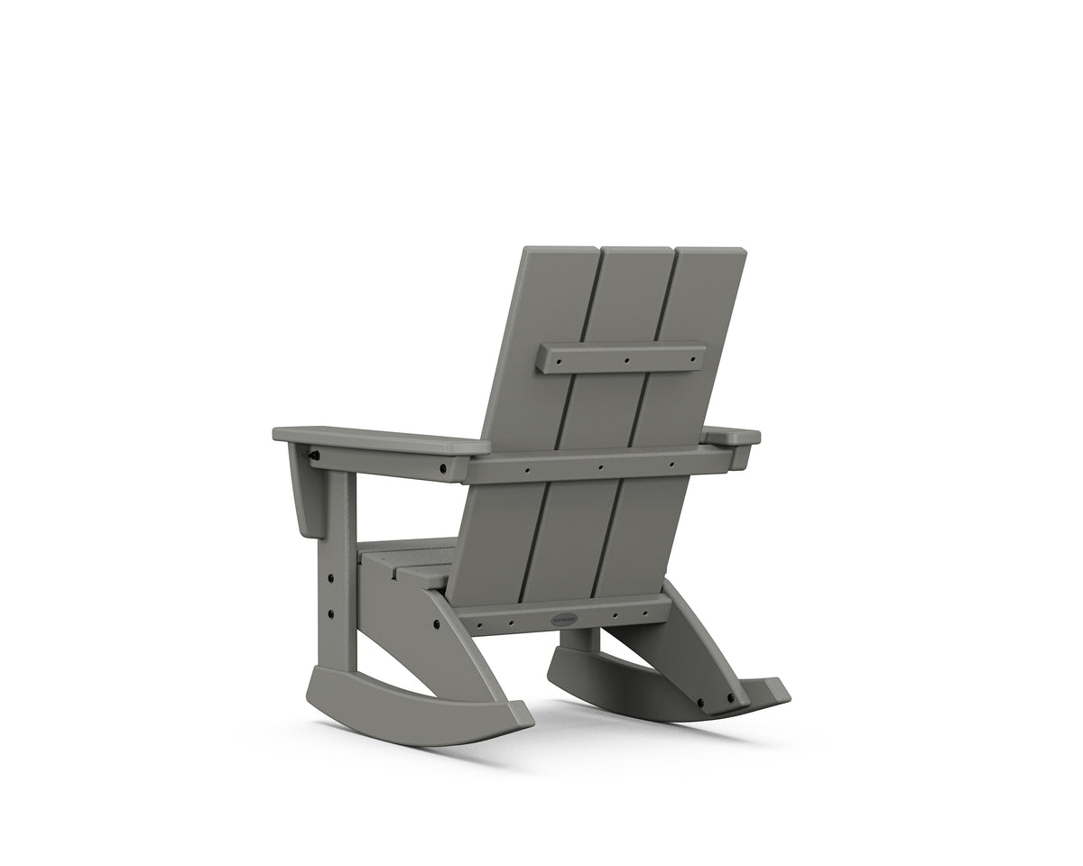Angled view of the POLYWOOD Kids Modern Adirondack Rocking Chair in Slate Grey