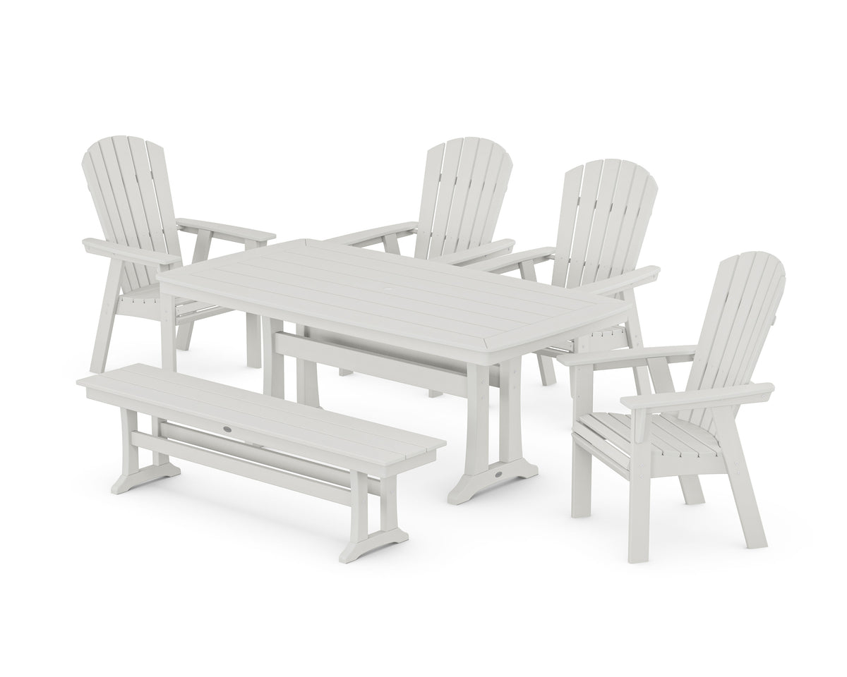 POLYWOOD Nautical Curveback Adirondack 6-Piece Dining Set with Trestle Legs and Bench in Vintage White