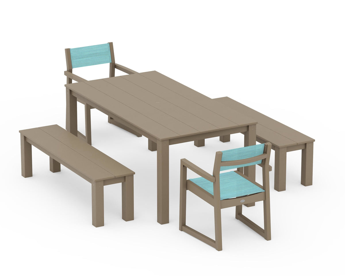 POLYWOOD EDGE Sling Arm Chair 5-Piece Parsons Dining Set with Benches in Vintage Sahara / Dupioni Aquamarine