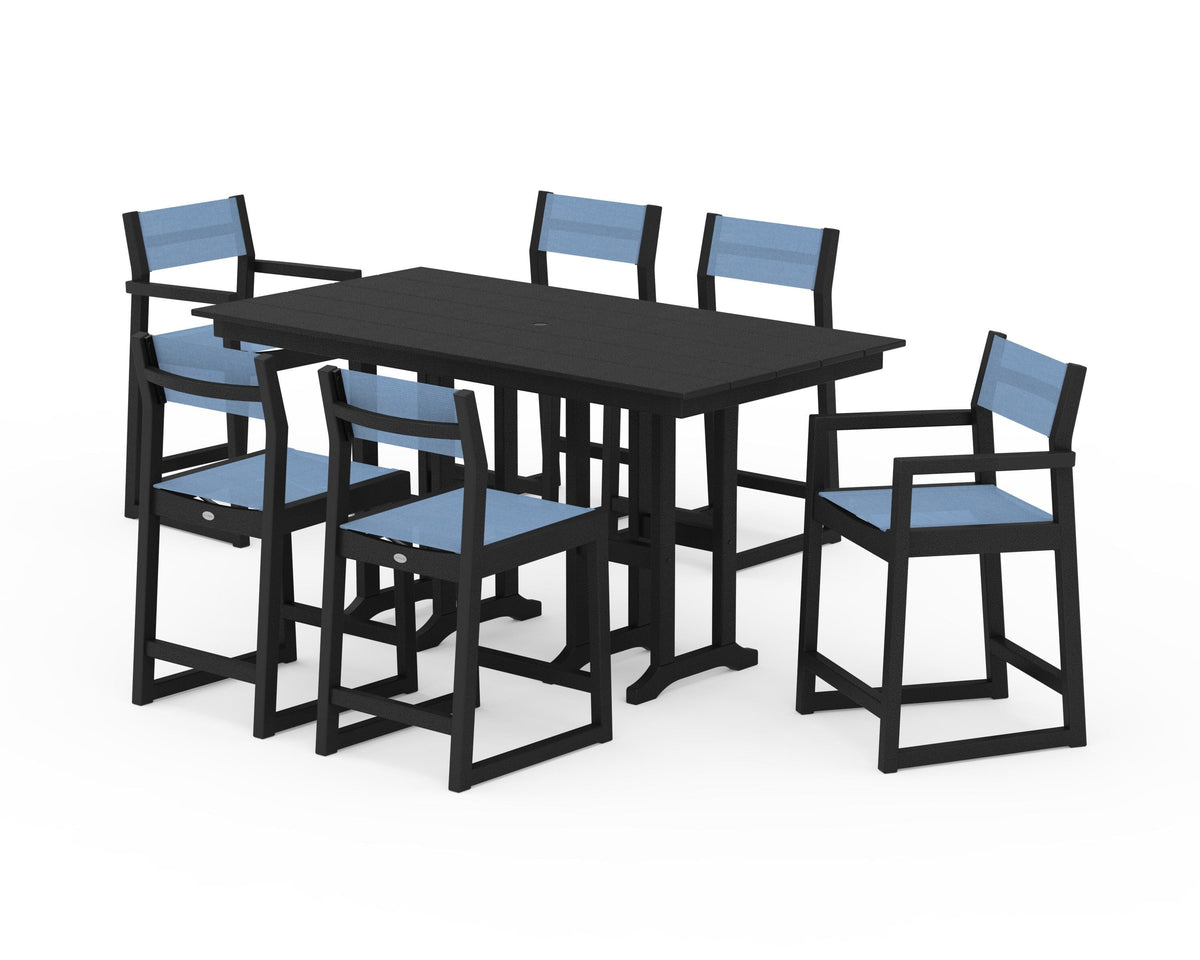 POLYWOOD EDGE Sling 7-Piece Farmhouse Counter Set with Trestle Legs in Black / Poolside