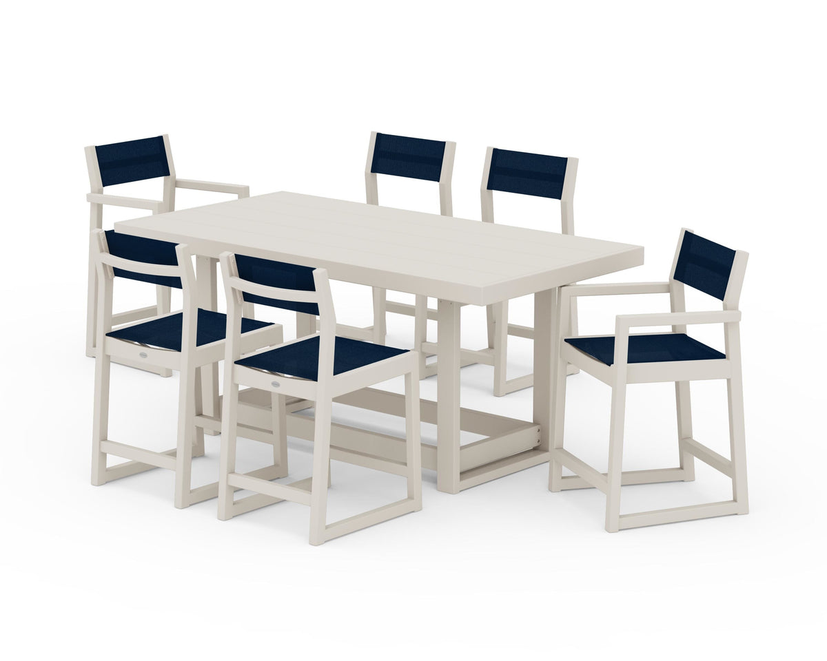 POLYWOOD EDGE Sling 7-Piece Counter Table Set in Sand / Navy Blue