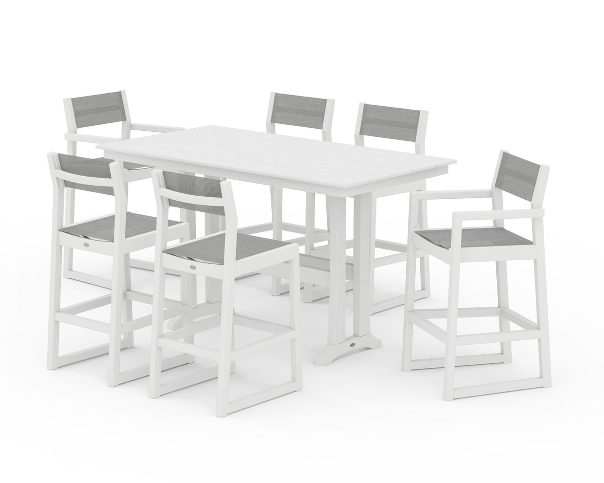 POLYWOOD EDGE Sling 7-Piece Farmhouse Bar Set with Trestle Legs in White / Metallic