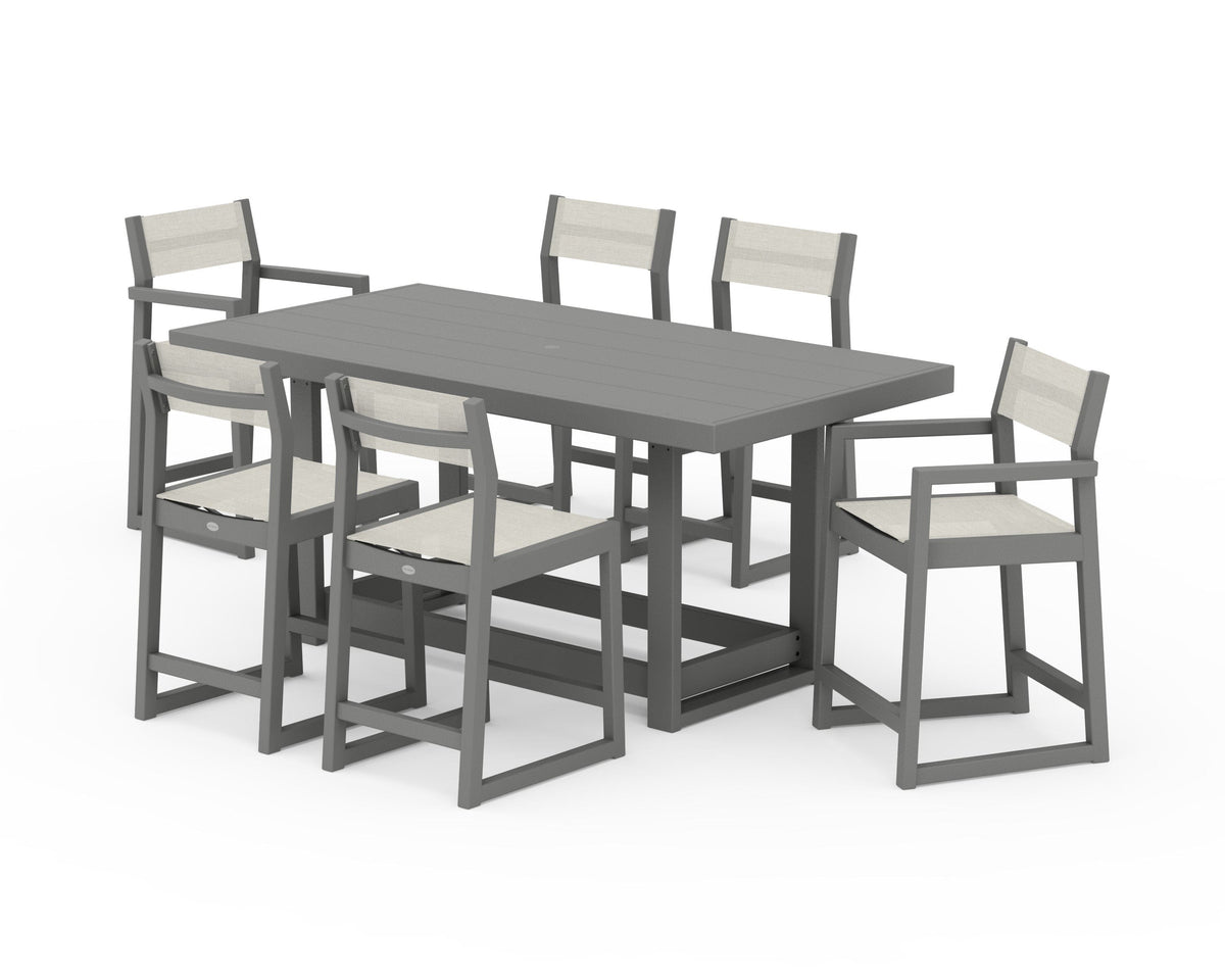 POLYWOOD EDGE Sling 7-Piece Counter Table Set in Slate Grey / Parchment
