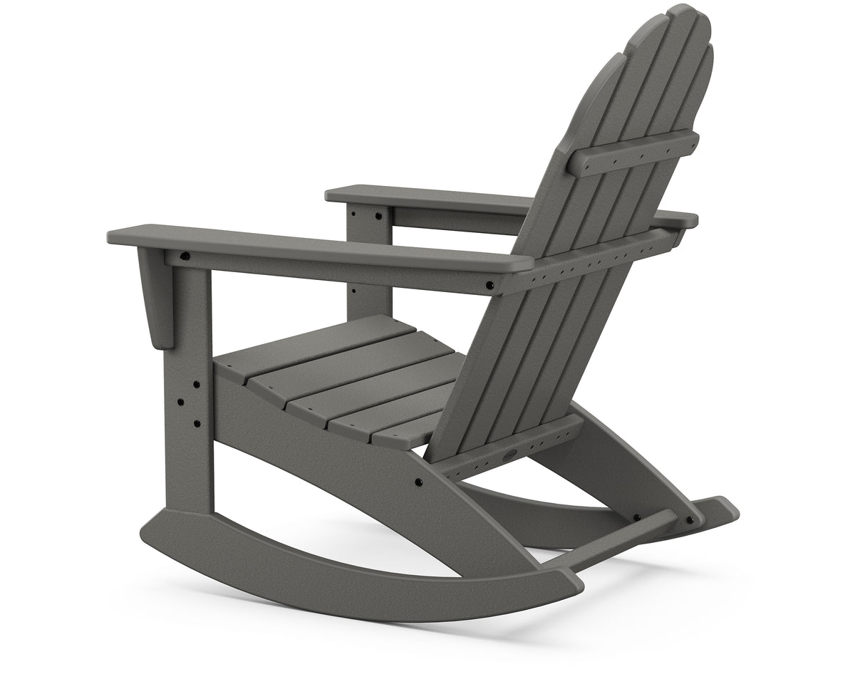 Angled rear view of the POLYWOOD Vineyard Adirondack Rocking Chair in Slate Grey