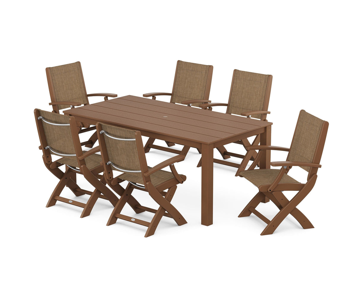 POLYWOOD Coastal Folding Chair 7-Piece Parsons Dining Set in Teak / Burlap