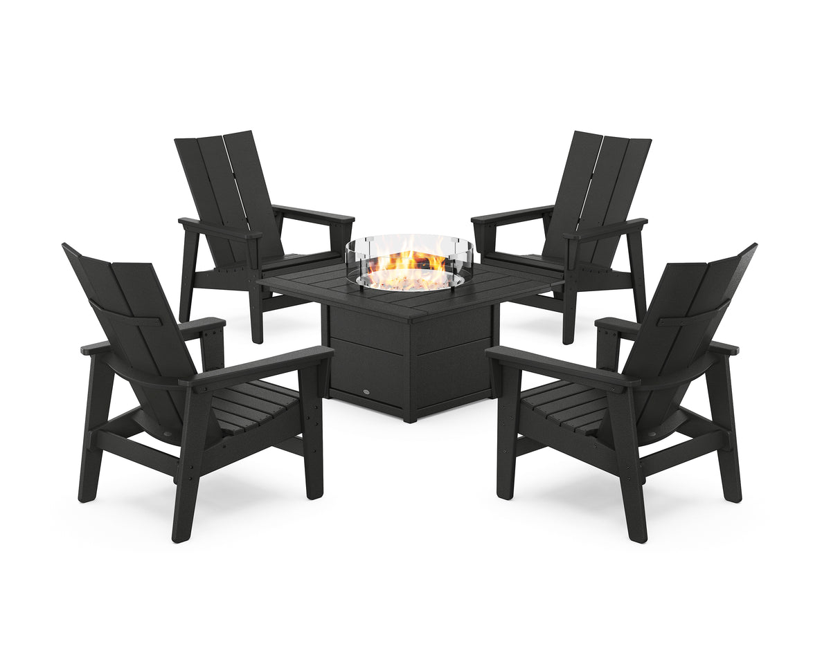 POLYWOOD 5-Piece Modern Grand Upright Adirondack Conversation Set with Fire Pit Table in Black