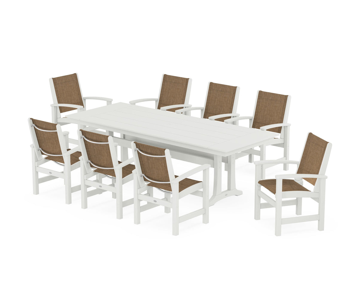 POLYWOOD Coastal 9-Piece Farmhouse Dining Set with Trestle Legs in Vintage White / Burlap