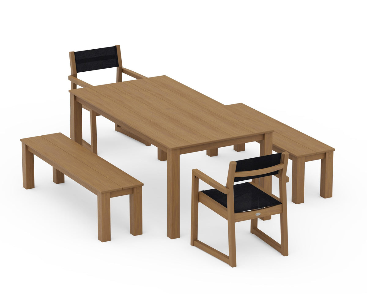POLYWOOD EDGE Sling Arm Chair 5-Piece Parsons Dining Set with Benches in Natural / Black
