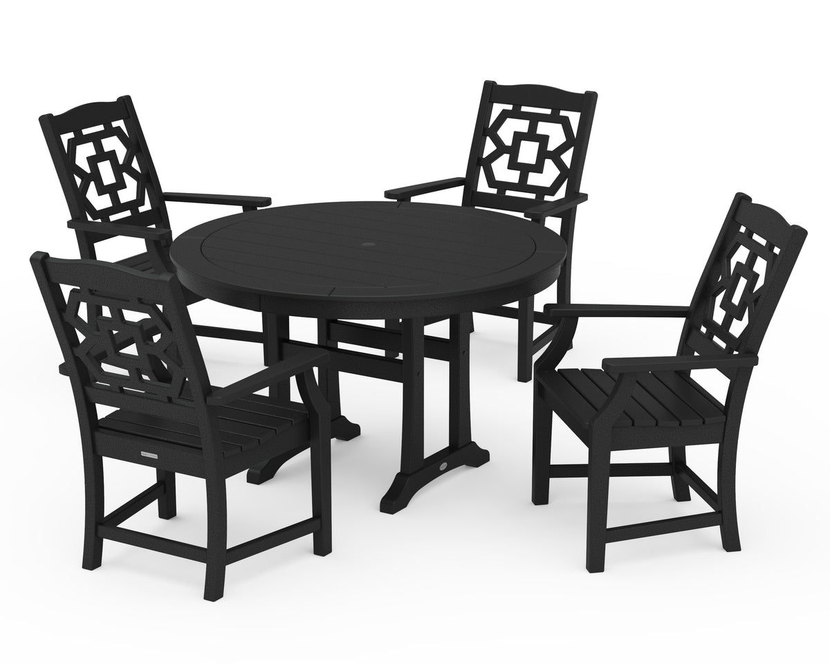 POLYWOOD Chinoiserie 5-Piece Round Dining Set with Trestle Legs in Black