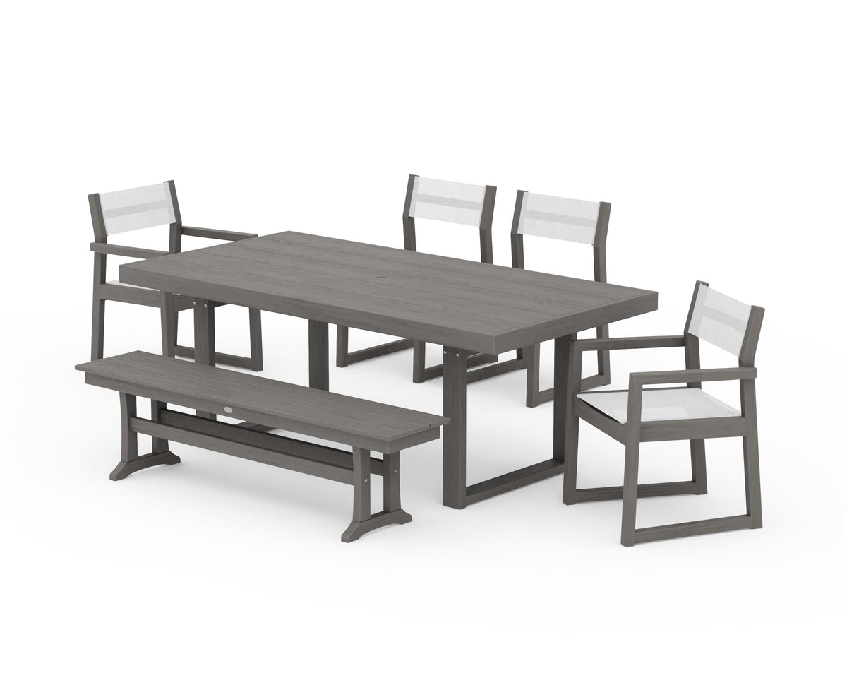 POLYWOOD EDGE Sling 6-Piece Dining Set with Bench in Driftwood / White