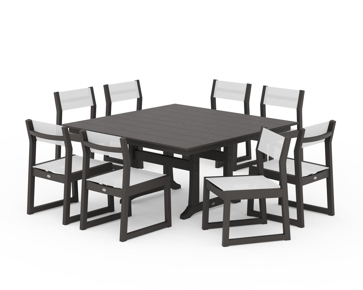 POLYWOOD EDGE Sling Side Chair 9-Piece Farmhouse Trestle Dining Set in Vintage Coffee / White