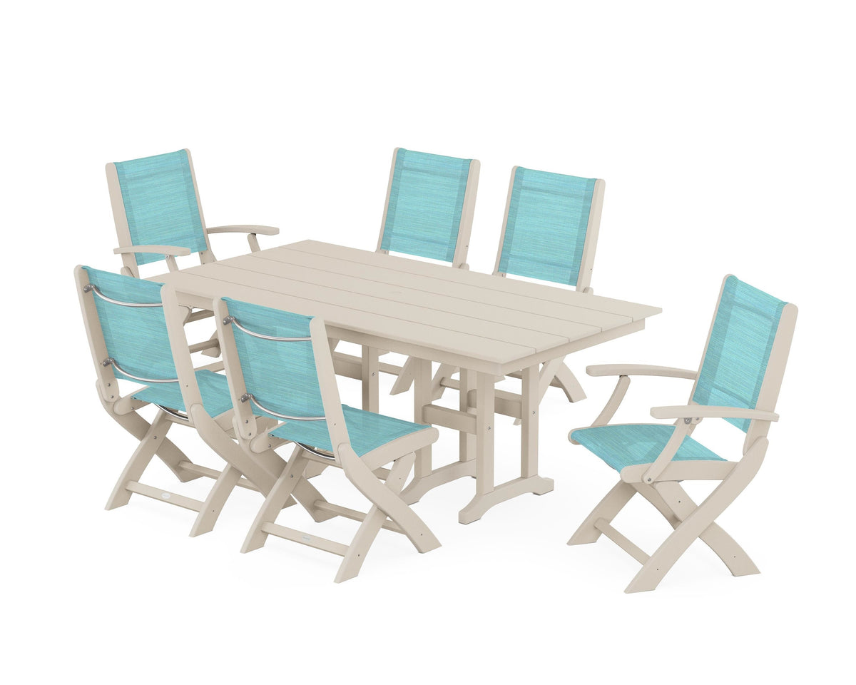 POLYWOOD Coastal Folding Chair 7-Piece Farmhouse Dining Set in Sand / Dupioni Aquamarine