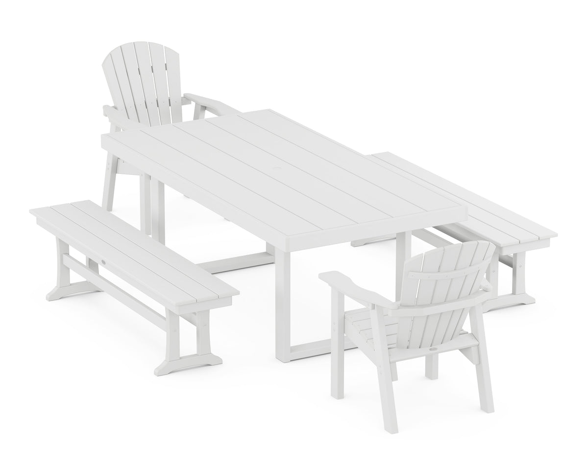 POLYWOOD Seashell 5-Piece Dining Set with Benches - 40" x 78" Table in White