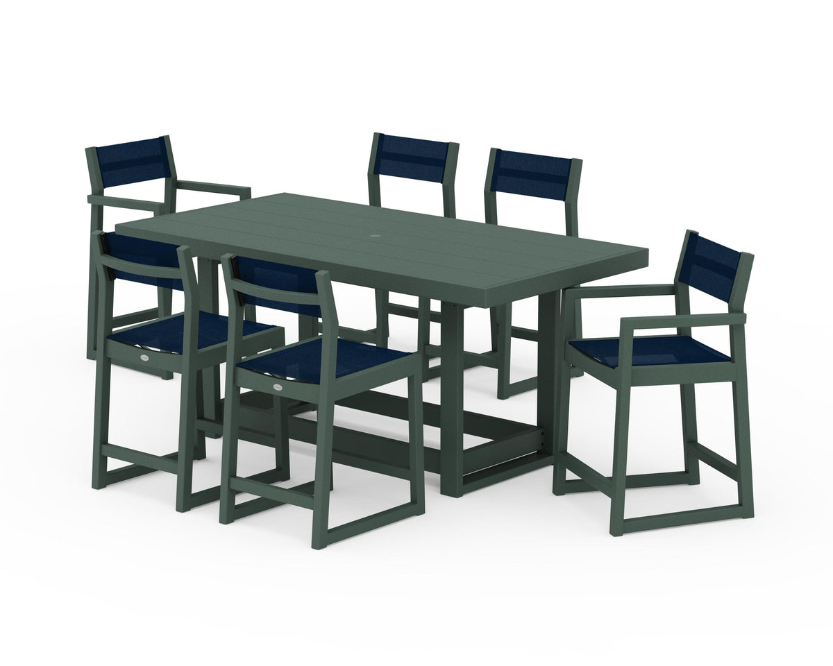 POLYWOOD EDGE Sling 7-Piece Counter Table Set in Green / Navy Blue