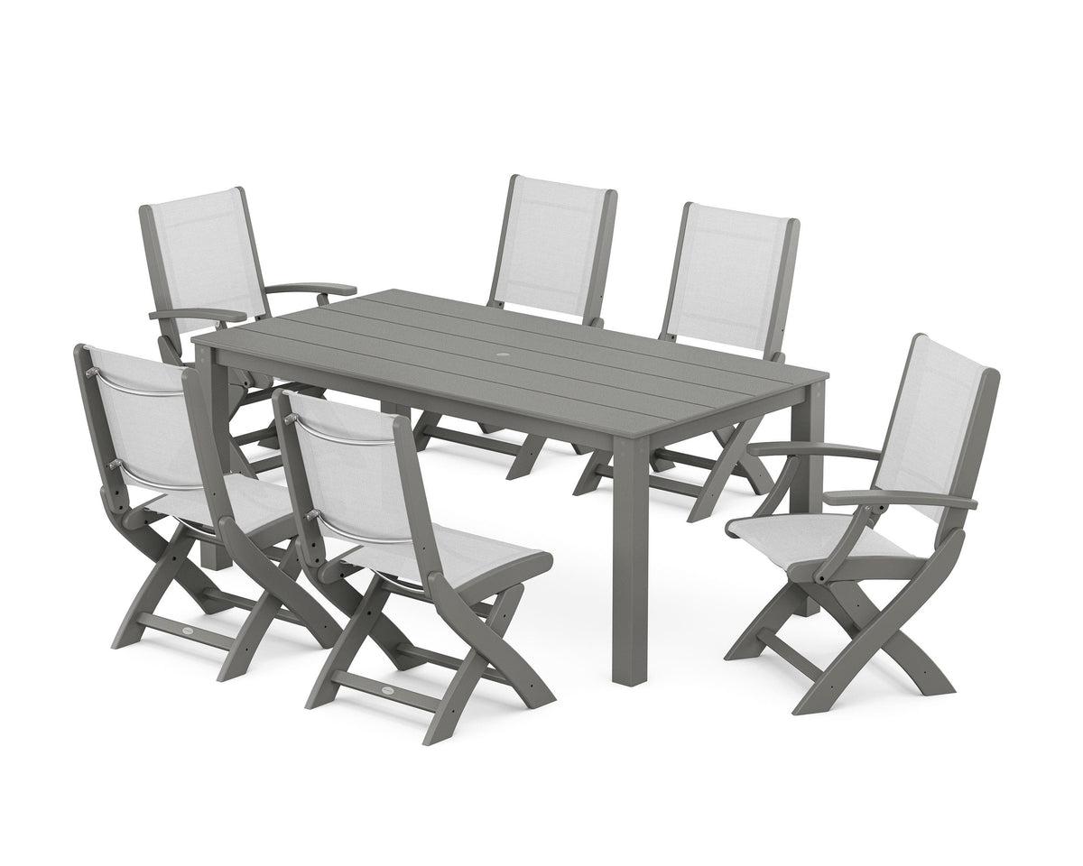 POLYWOOD Coastal Folding Chair 7-Piece Parsons Dining Set with Coastal Folding Side Chair in Slate Grey / White