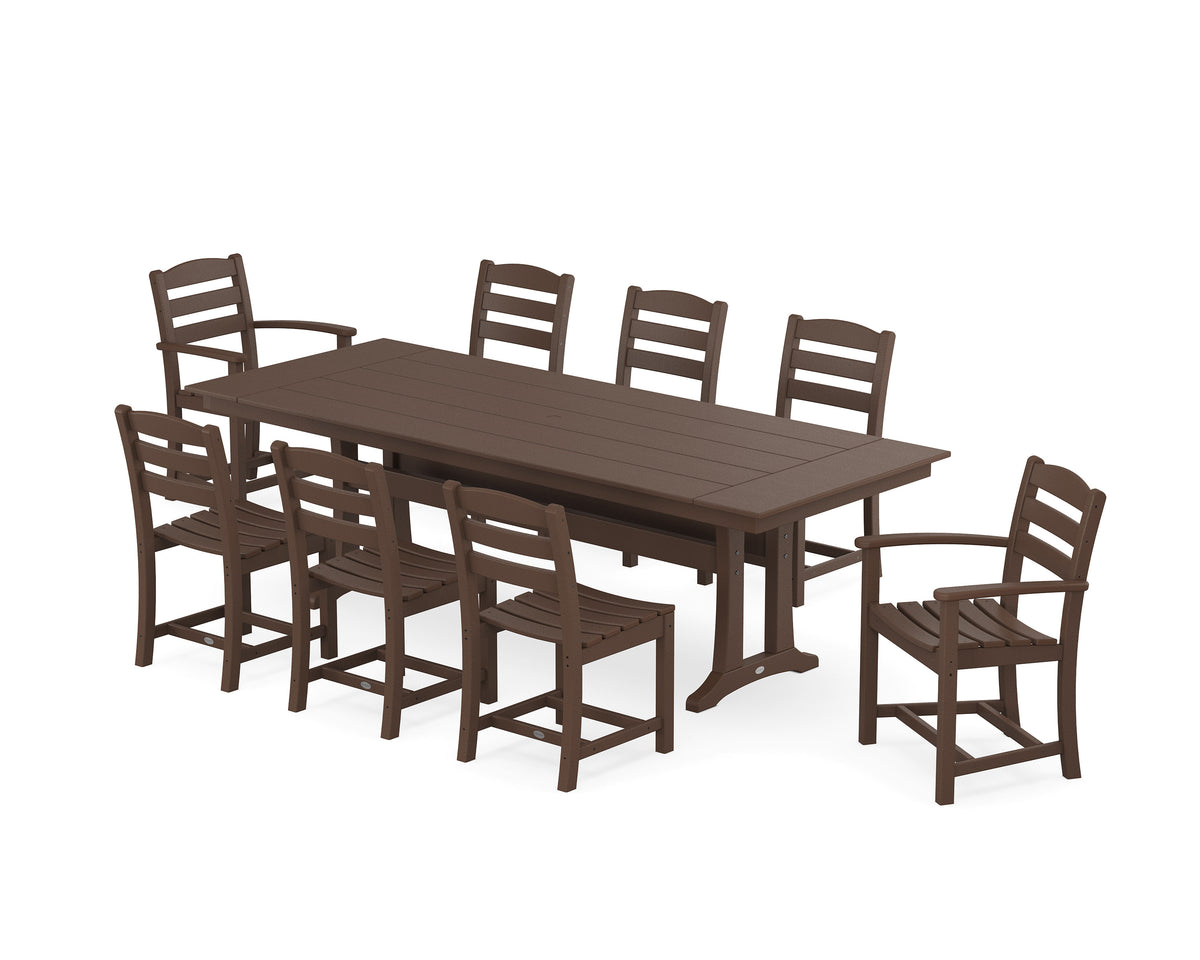 POLYWOOD La Casa Café 9-Piece Farmhouse Dining Set with Trestle Legs in Mahogany