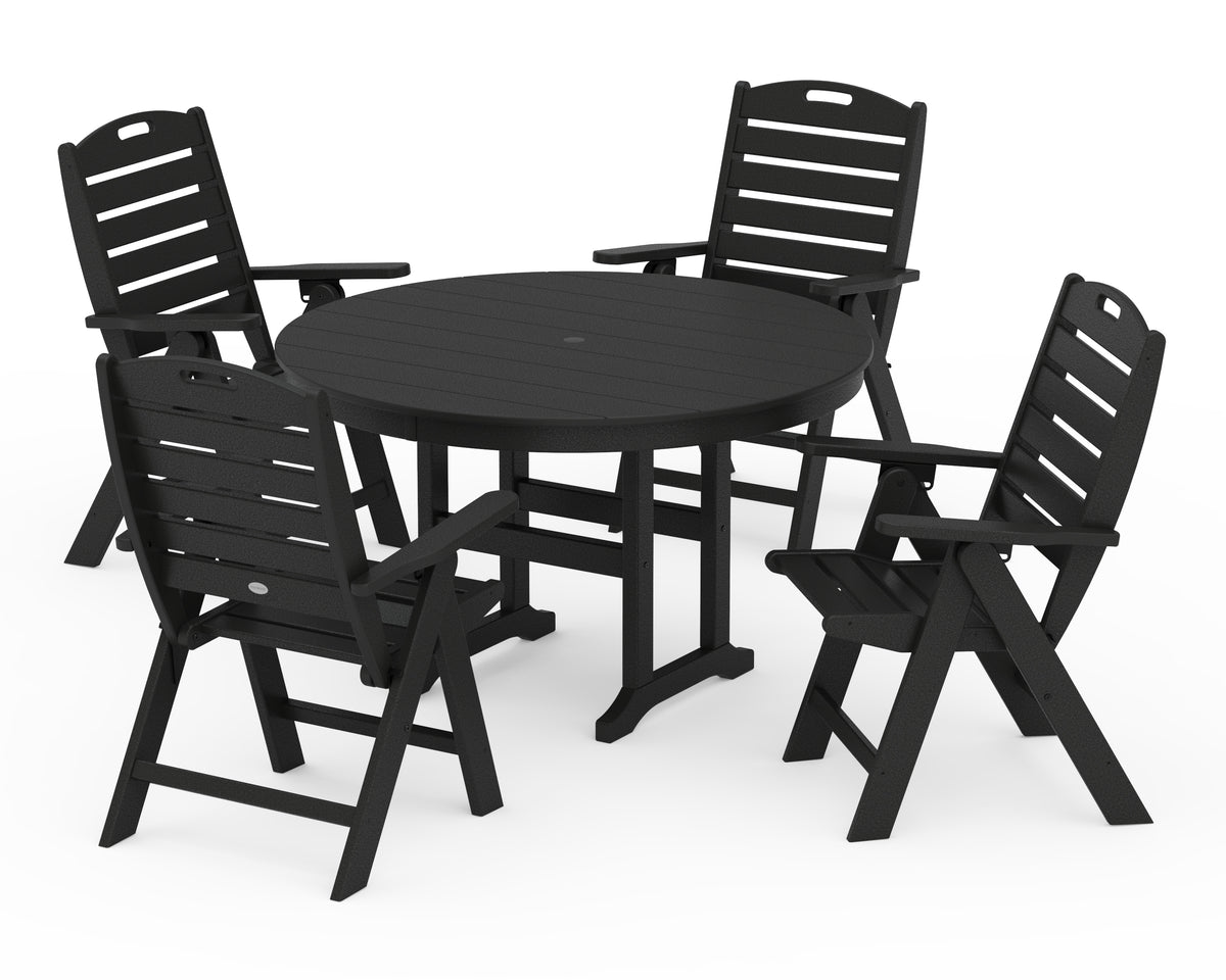 POLYWOOD Nautical Folding Chair 5-Piece Round Farmhouse Dining Set in Black