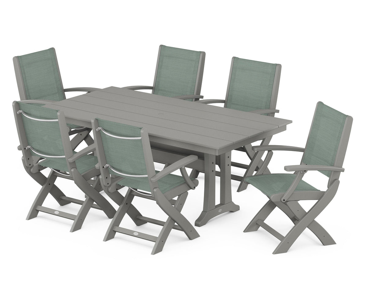 POLYWOOD Coastal Folding Arm Chair 7-Piece Farmhouse Dining Set with Trestle Legs in Slate Grey / Dupioni Sea Mist