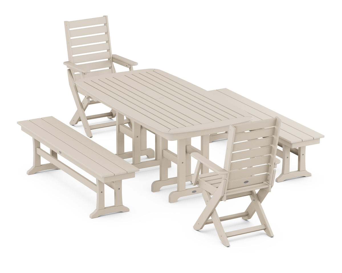 POLYWOOD Captain Folding Chair 5-Piece Dining Set with Benches - 37" x 72" Table in Sand