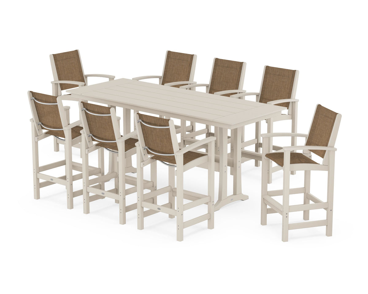 POLYWOOD Coastal 9-Piece Farmhouse Bar Set with Trestle Legs in Sand / Burlap